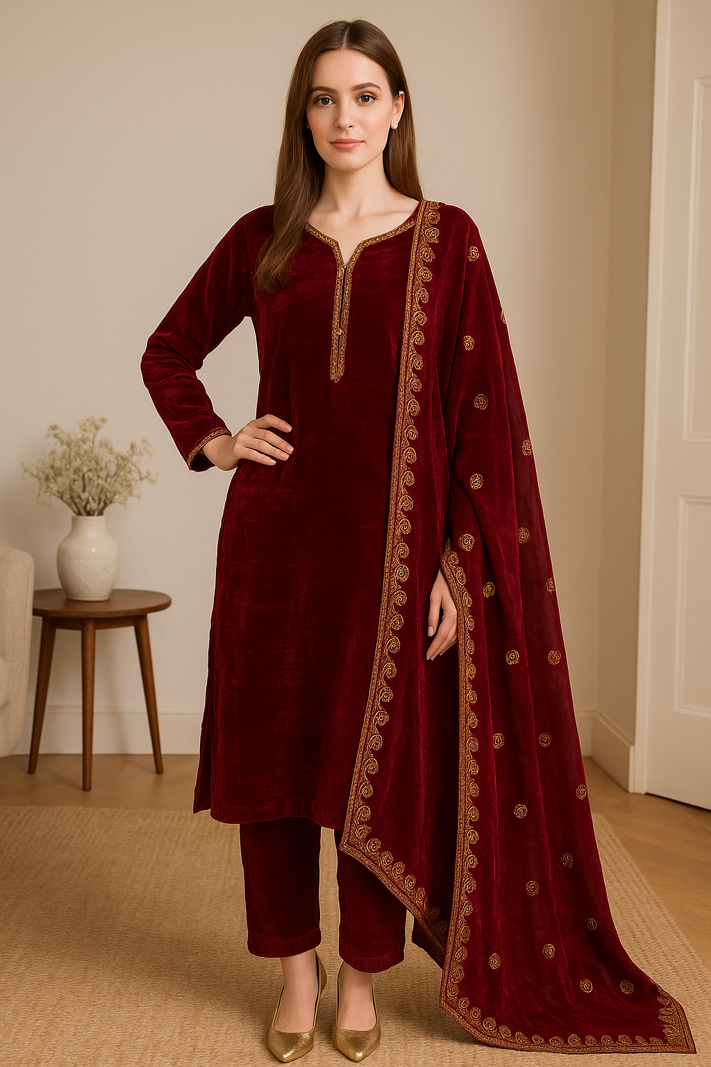 Brit 3 piece velvet_6025 Pakistani ladies suit wine B19