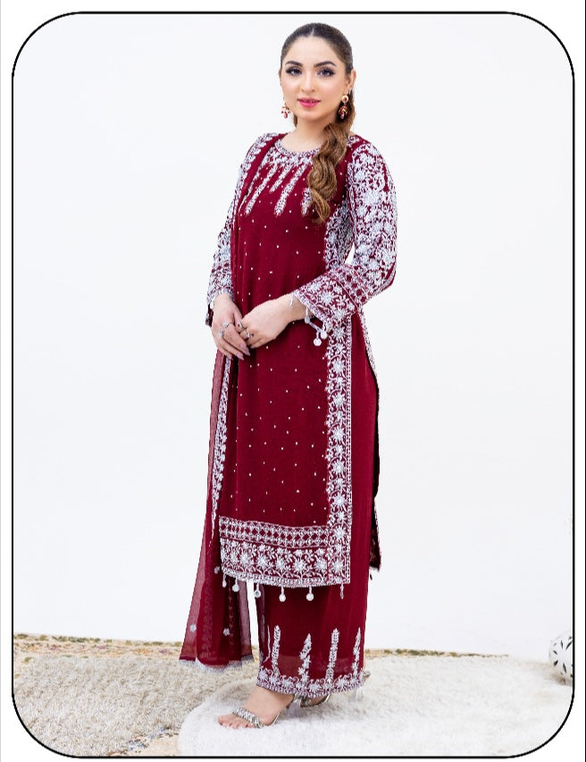 Brit 3 piece chiffon_8094 mehroon with Plazo B77