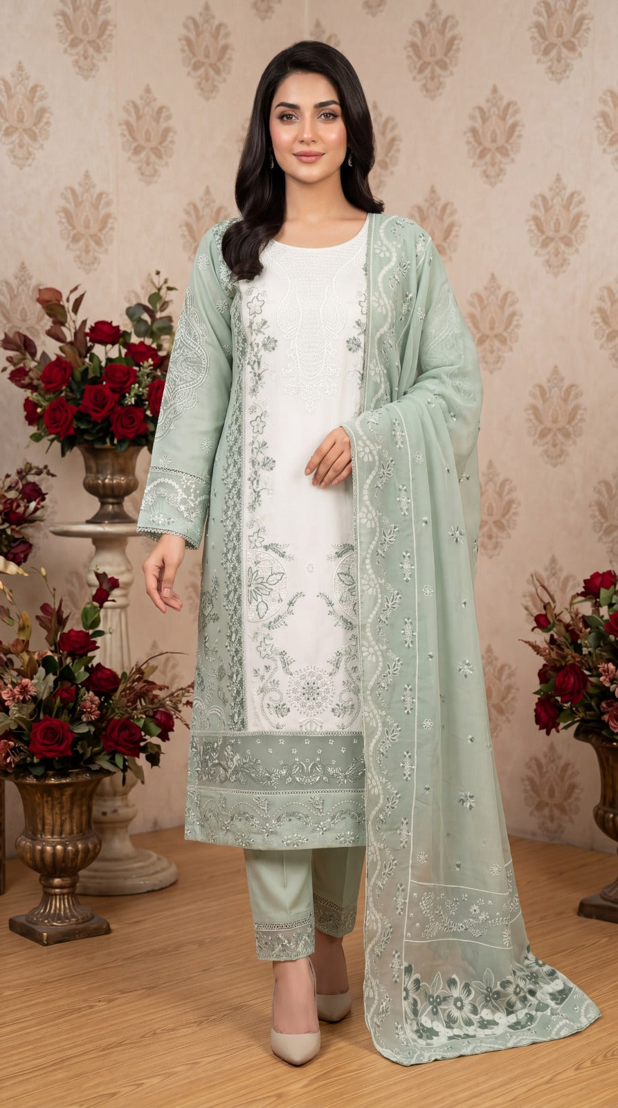 Brit 3 piece embroidery cotton ladies dress B605