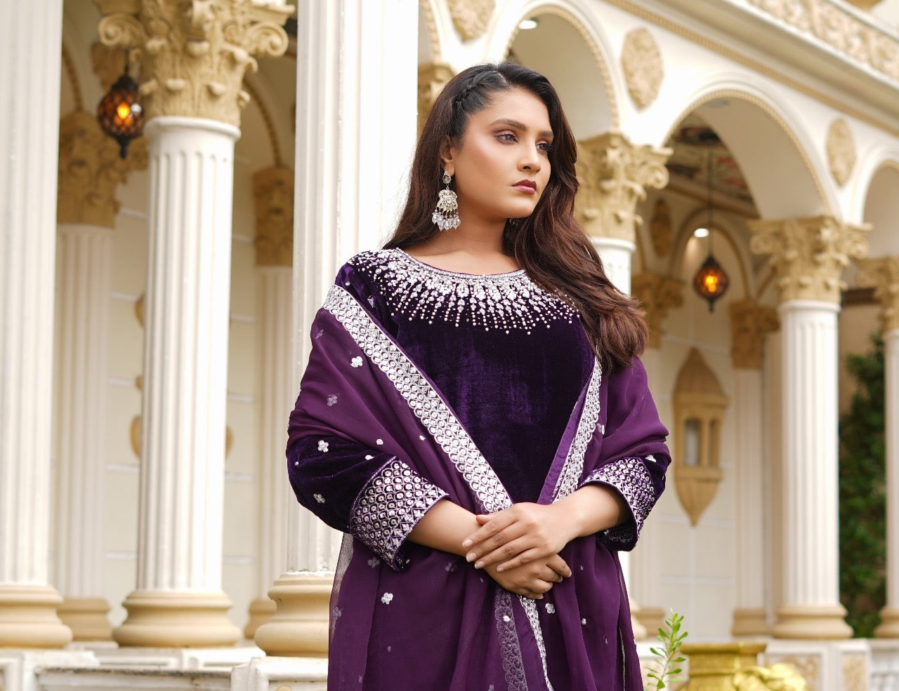 Brit Valvet 3 piece with chiffon dupata _3024 Purple B276