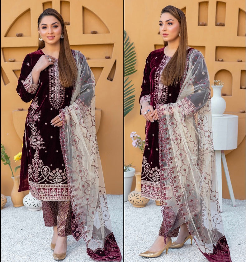 Brit Valvet 3 piece_6077 Pakistani ladies suit mehroon B37