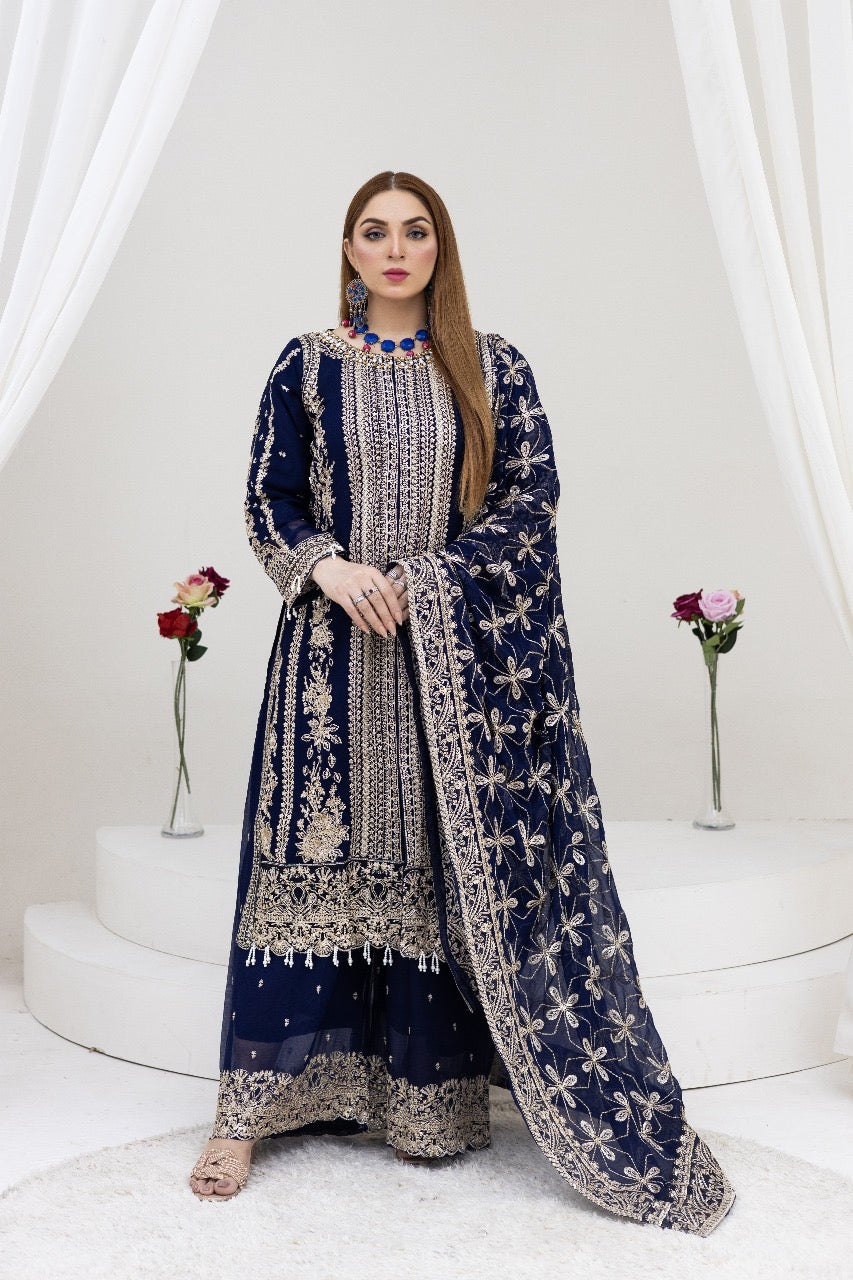 Brit 3 piece luxury chiffon_81042 Pakistani ladies suit Navy B245