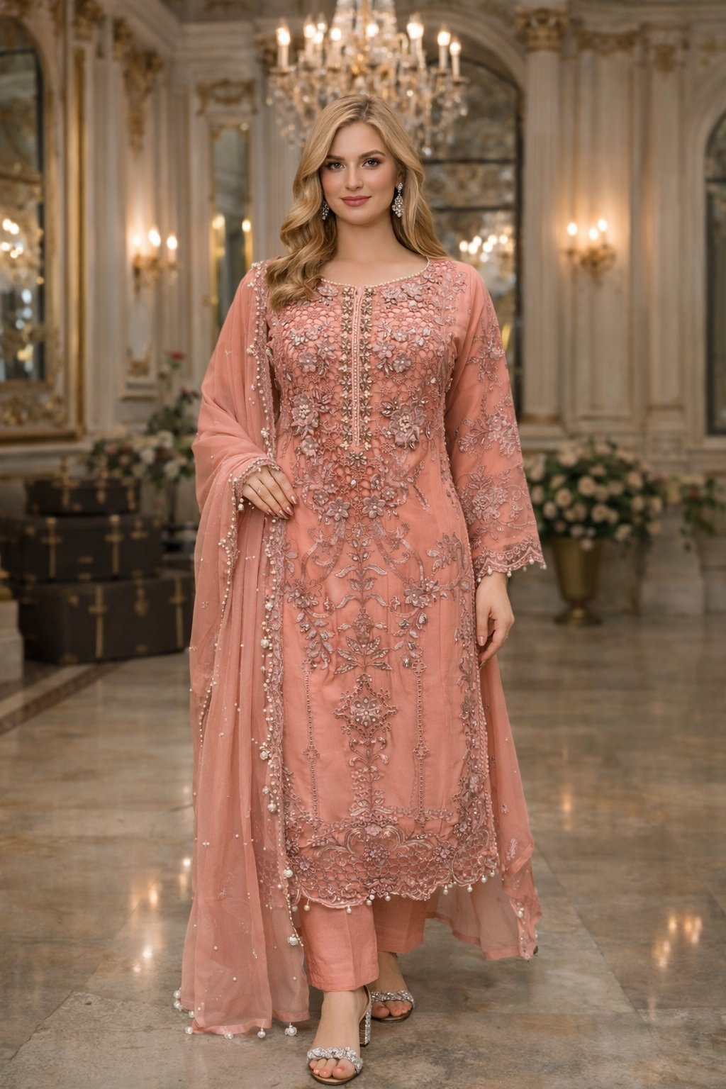 Maria B 3 piece luxury chiffon_81042 Pakistani ladies suitTeal B464