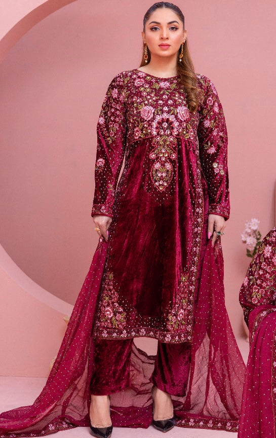 Brit 3 piece velvet_5013 ladies and kids suit Mehroon B4
