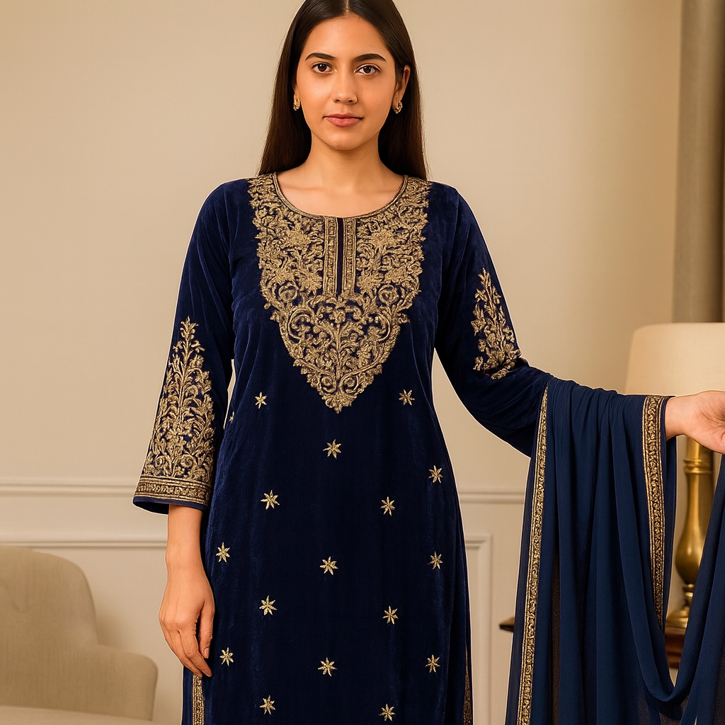Brit 3 piece velvet_7057 ladies suit navy B49