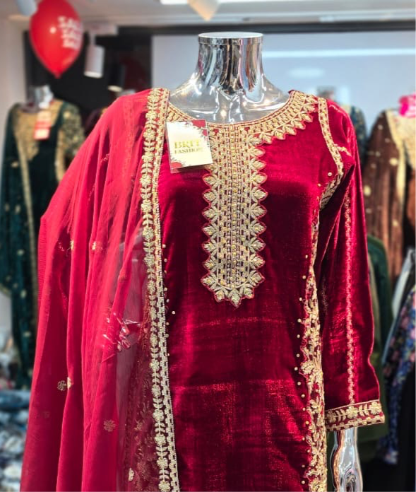 Brit 3 piece velvet_6018 Pakistani ladies suit wine B14