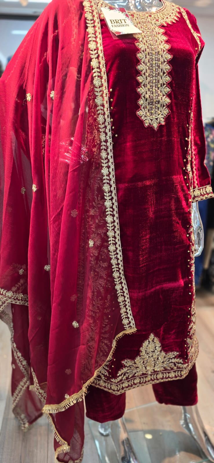 Brit 3 piece velvet_6018 Pakistani ladies suit wine B14