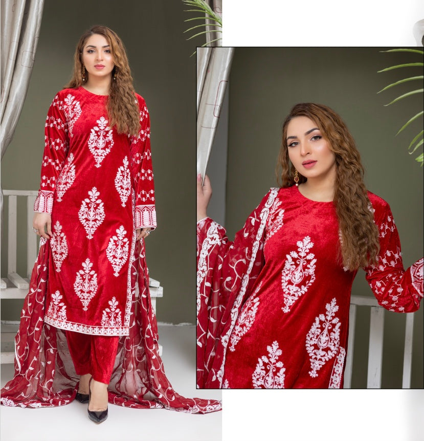 Brit 3 piece velvet_6009 Pakistani ladies suit wine B20