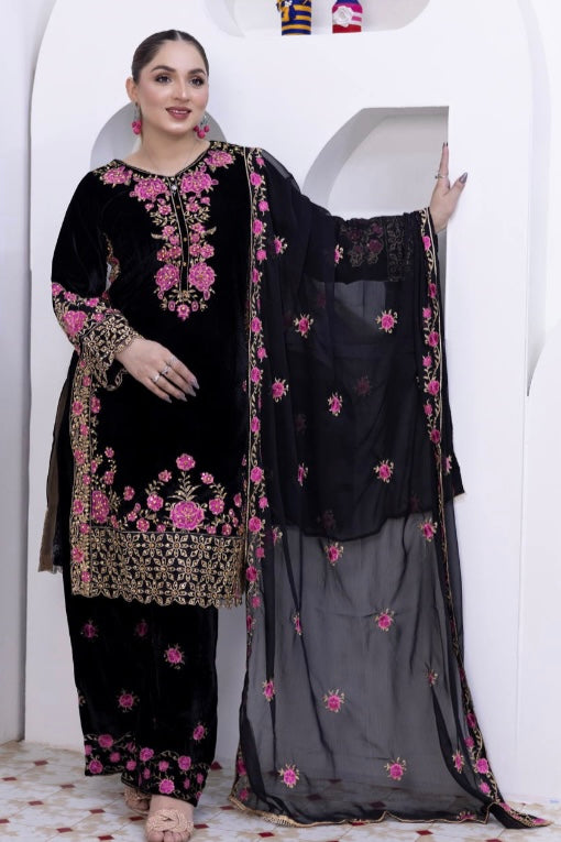 Brit 3 piece luxury Valvet_81042 Pakistani ladies suit black B296