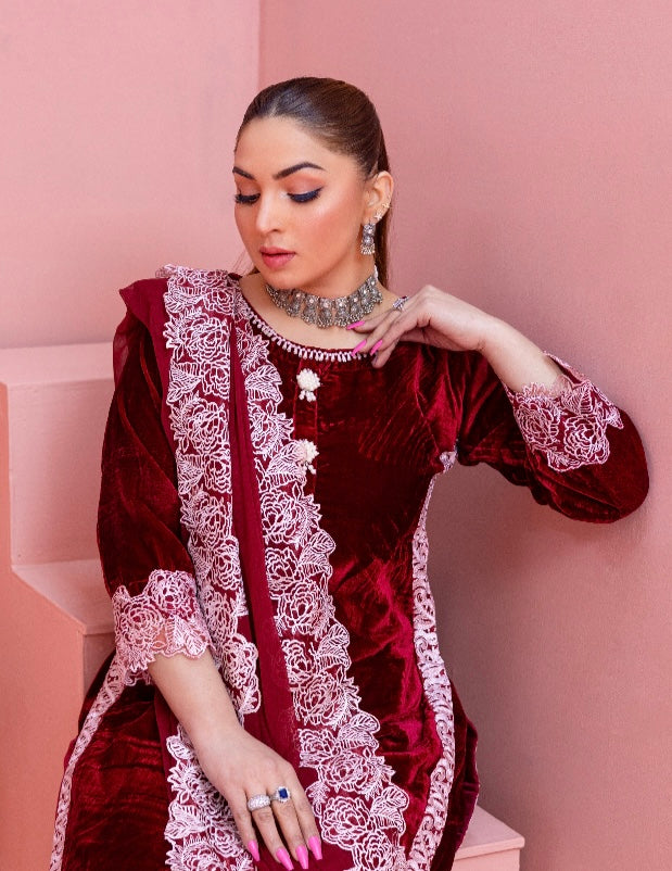 Brit 3 piece velvet_6001 Pakistani ladies wine B1