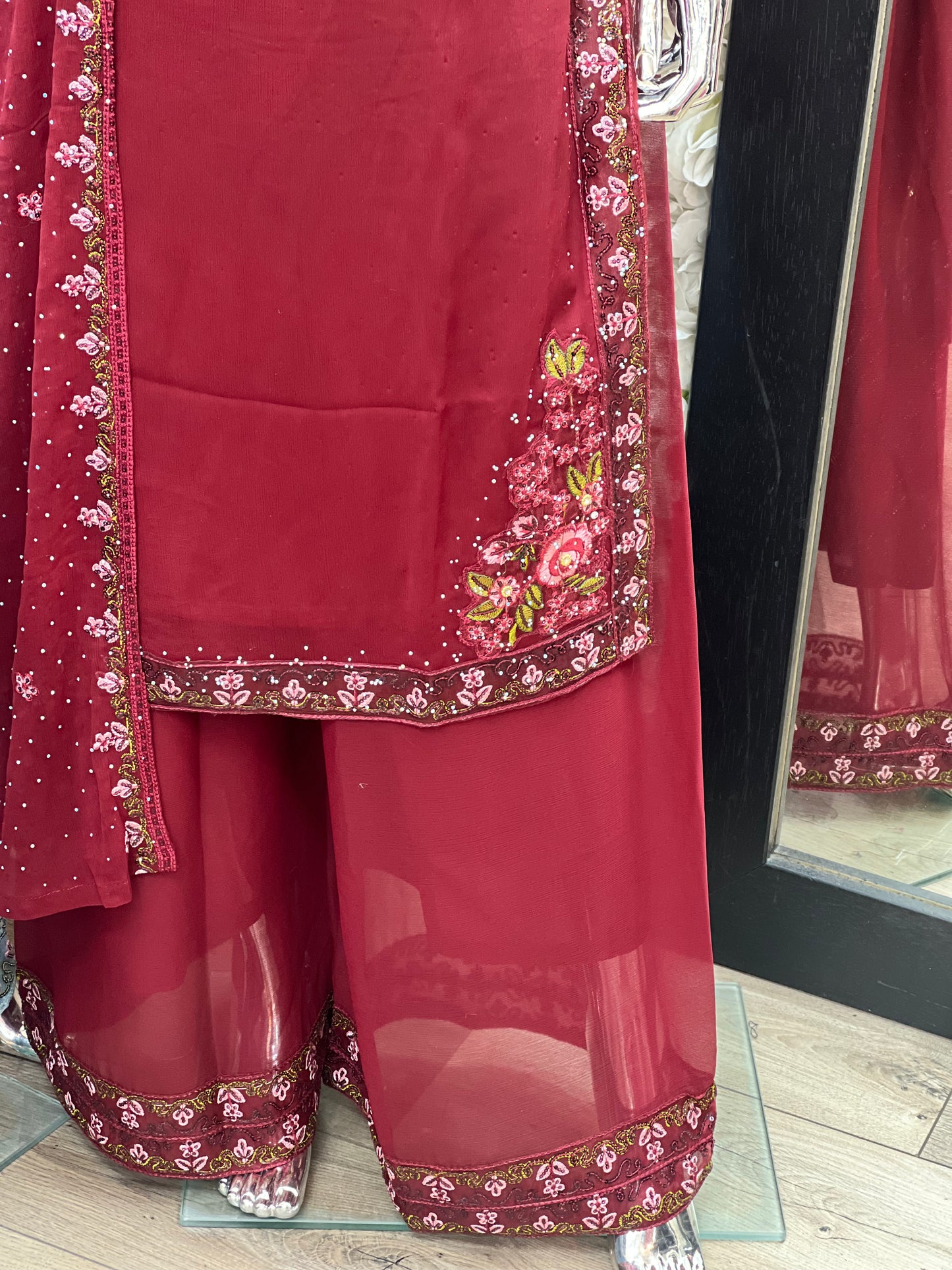 Brit 3 piece chiffon mother and daughter _100214 Maroon ladies suit B75