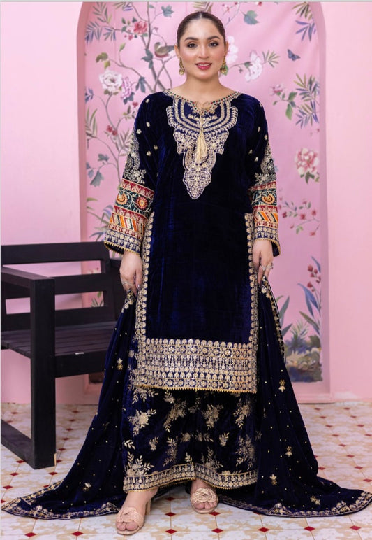 Brit 3 piece luxury Valvet_81042 Pakistani ladies suit navy B292