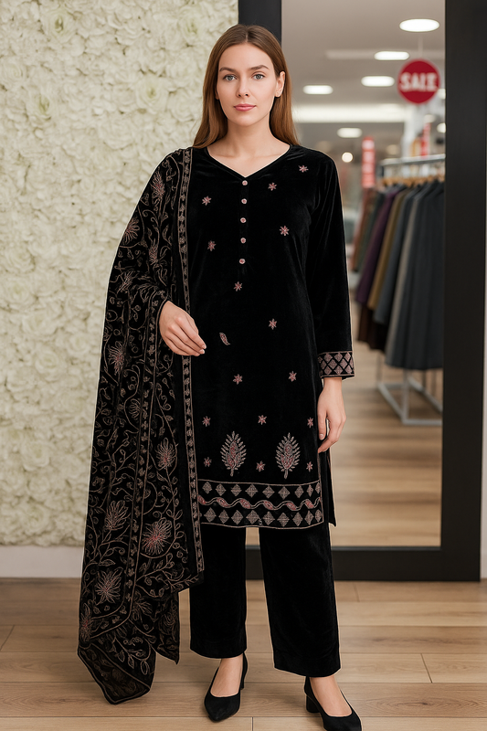 Brit 3 piece luxury Valvet with designer shawl_81042 Pakistani ladies suit Black B285