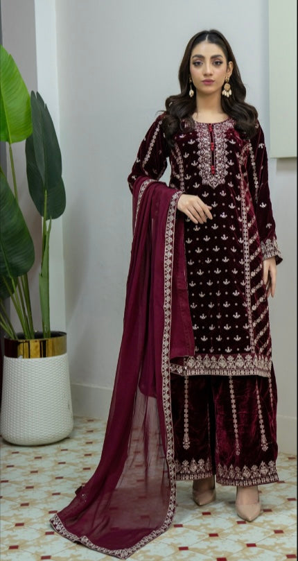 Brit 3 piece luxury Designer Valvet winter Pakistani ladies suit_B311