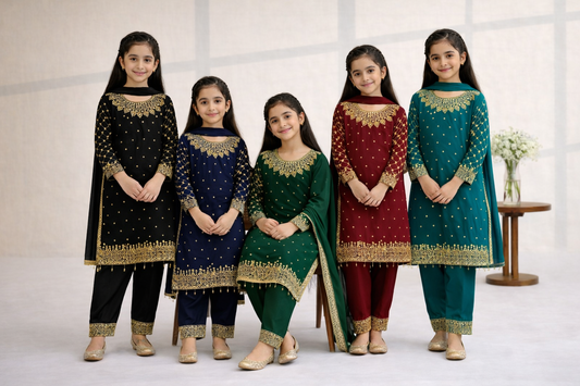 KIDS 3  piece chiffon _81042 Pakistani ladies suit black B233