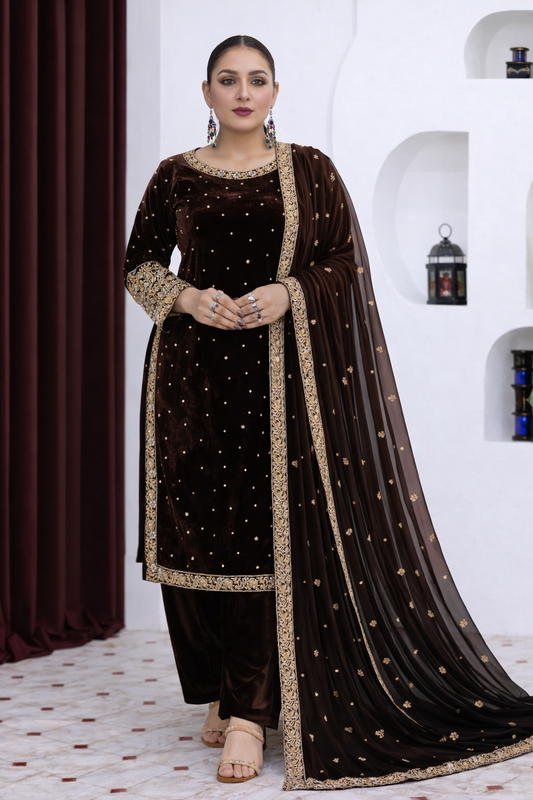 Brit 3 piece luxury Valvet_81042 Pakistani ladies suit Brown CHIFFON DUPPATA B289