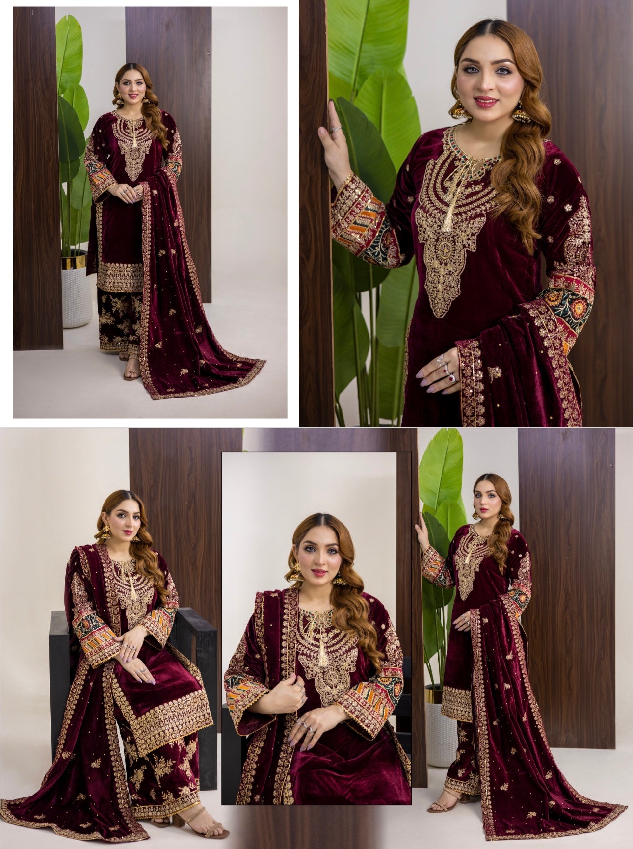 Brit 3 piece luxury Valvet_81042 Pakistani ladies suit mehroon B292