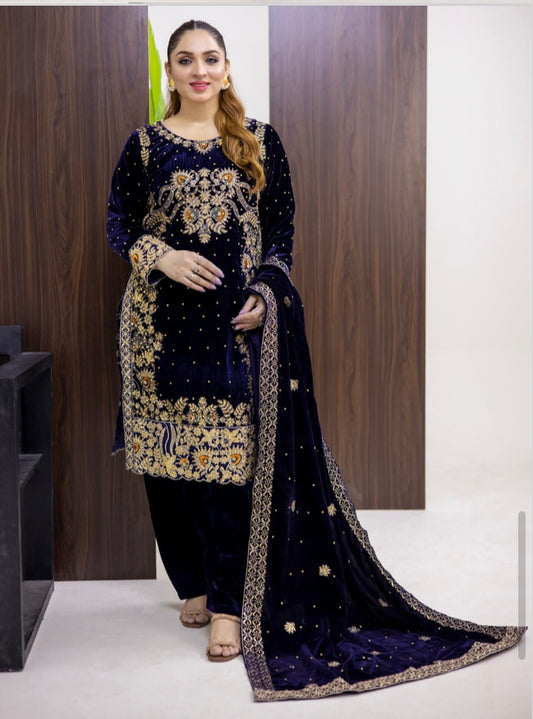 Brit 3 piece luxury Valvet_81042 Pakistani ladies suit Navy B290