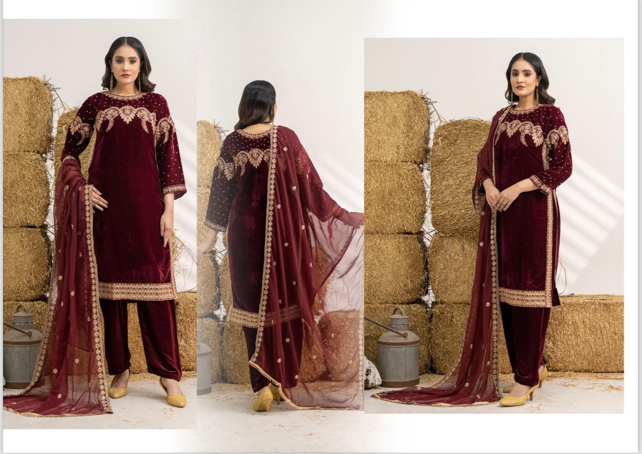 Brit 3 piece luxury Designer Valvet winter Pakistani ladies suit A.B322
