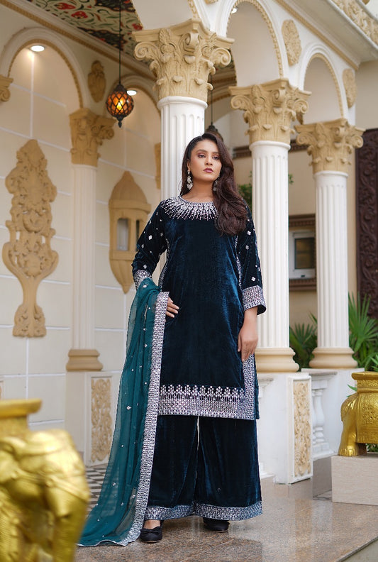 Brit Valvet 3 piece with chiffon dupata _3024 Teal B276