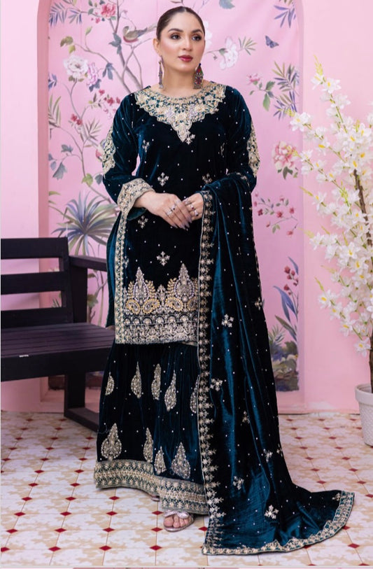 Brit 3 piece luxury Valvet_81042 Pakistani ladies suit Teal B294