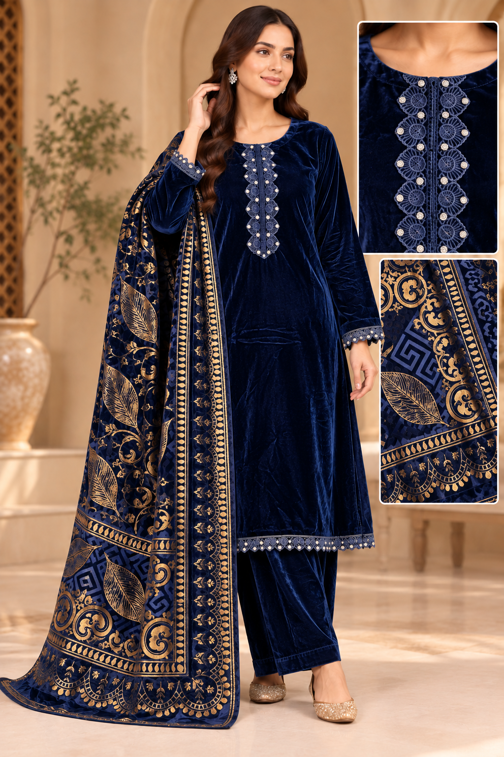 Brit 3 piece velvet with palachi shawl_5004 ladies suit B393