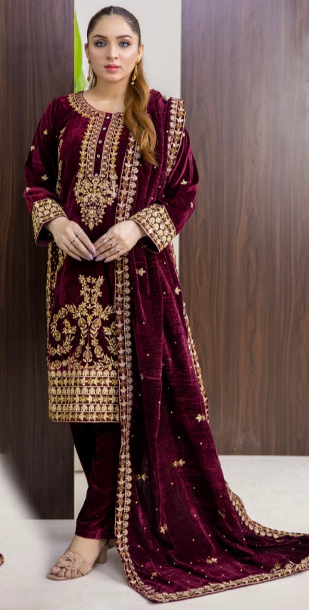 Brit 3 piece luxury Valvet_81042 Pakistani ladies suit mehroon B297
