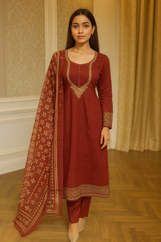 Brit Posh 3 piece linen _81042 Pakistani ladies suit Mehroon B232