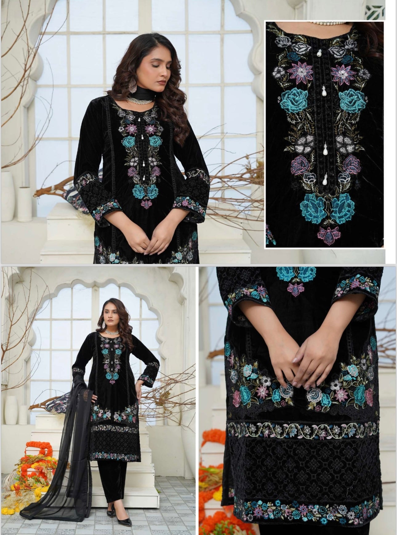 Brit 3 piece luxury Valvet_81042 Pakistani ladies suit Teal, Pink B300