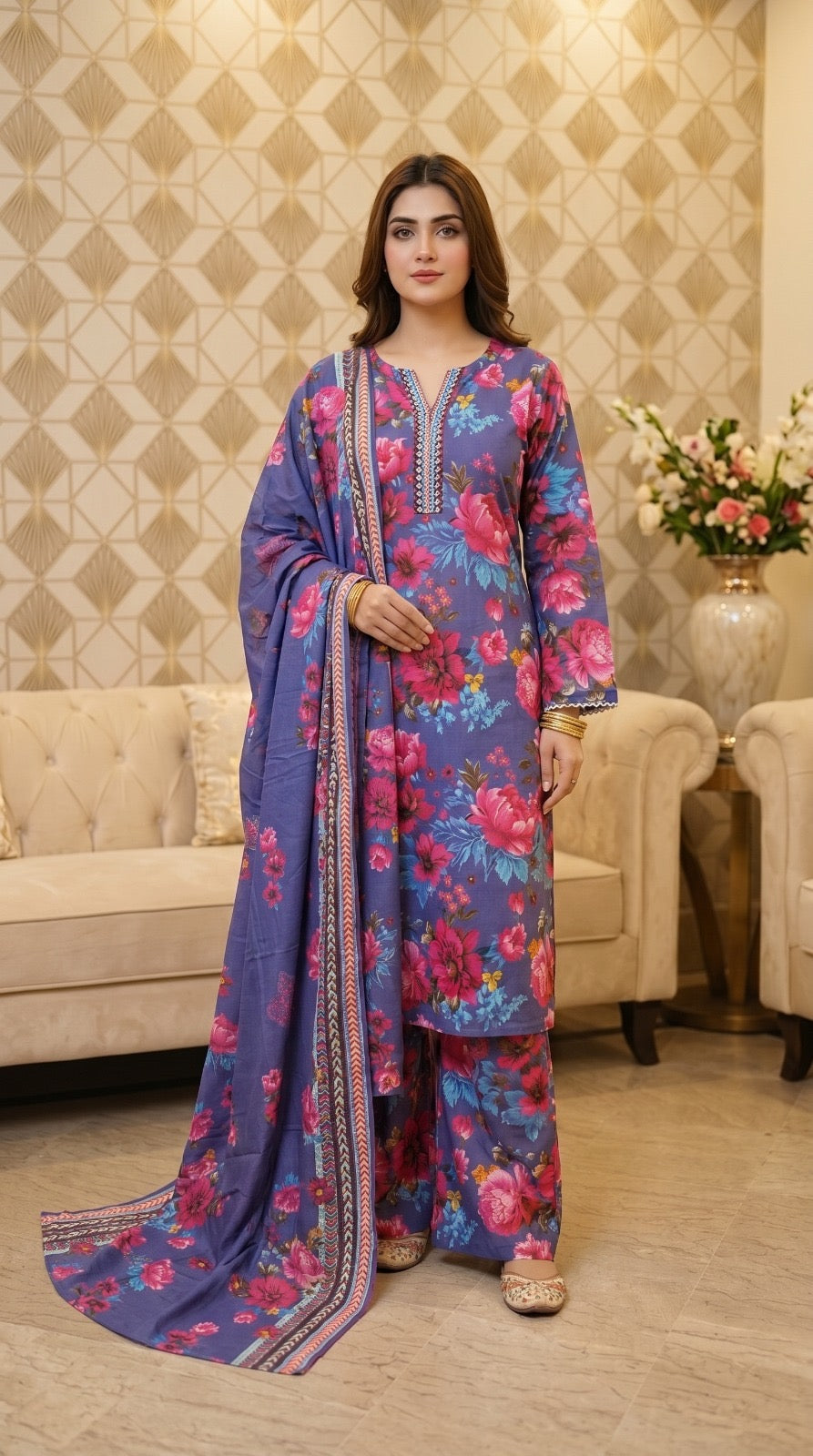 M Print inspired 3 piece Lawn summer collection ladies dress B621