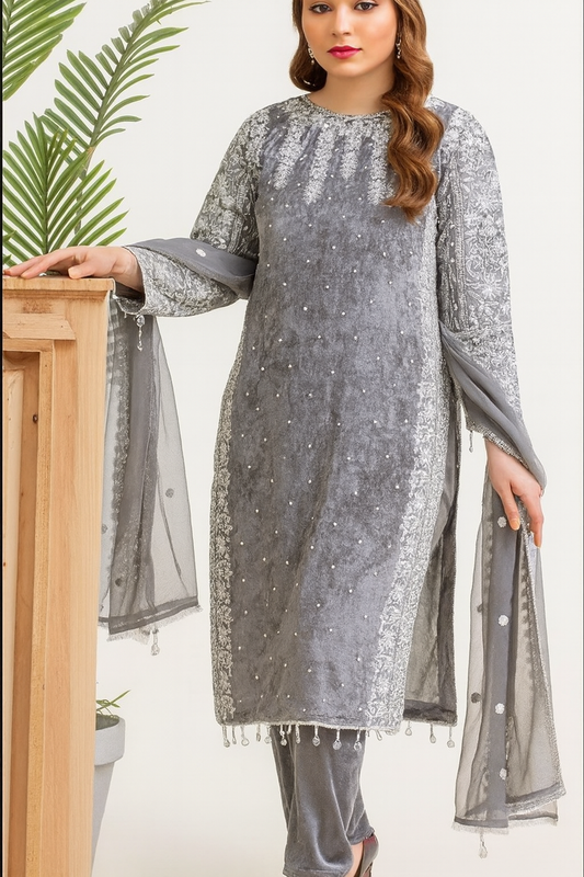 Brit 3 piece velvet_6016 Pakistani ladies suit  Grey B13