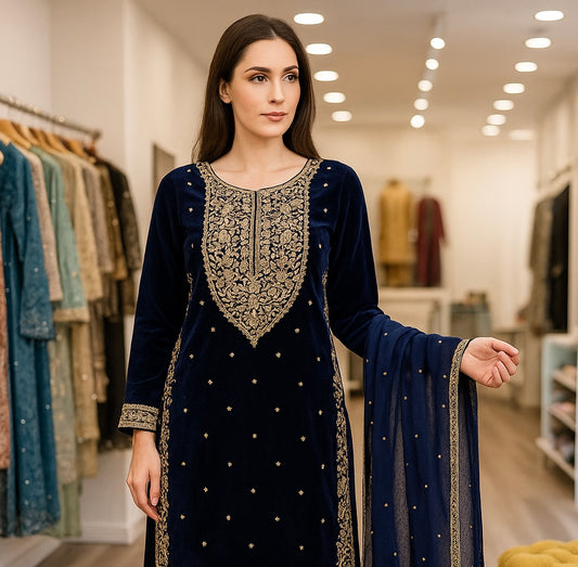 Brit 3 piece velvet_7051 ladies suit navy B48