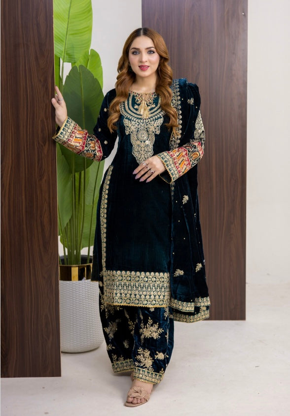 Brit 3 piece luxury Valvet_81042 Pakistani ladies suit teal B292