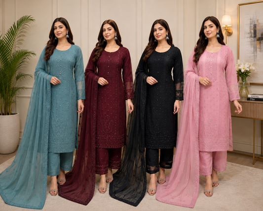 BRIT 3 piece embroidered chiffon ladies dress B616