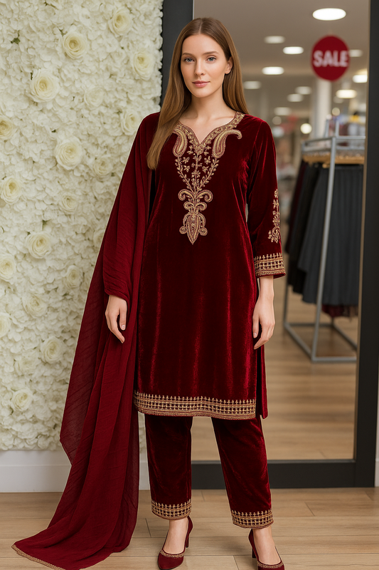 Brit 3 piece luxury Valvet _81042 Pakistani ladies suit Maroon B284