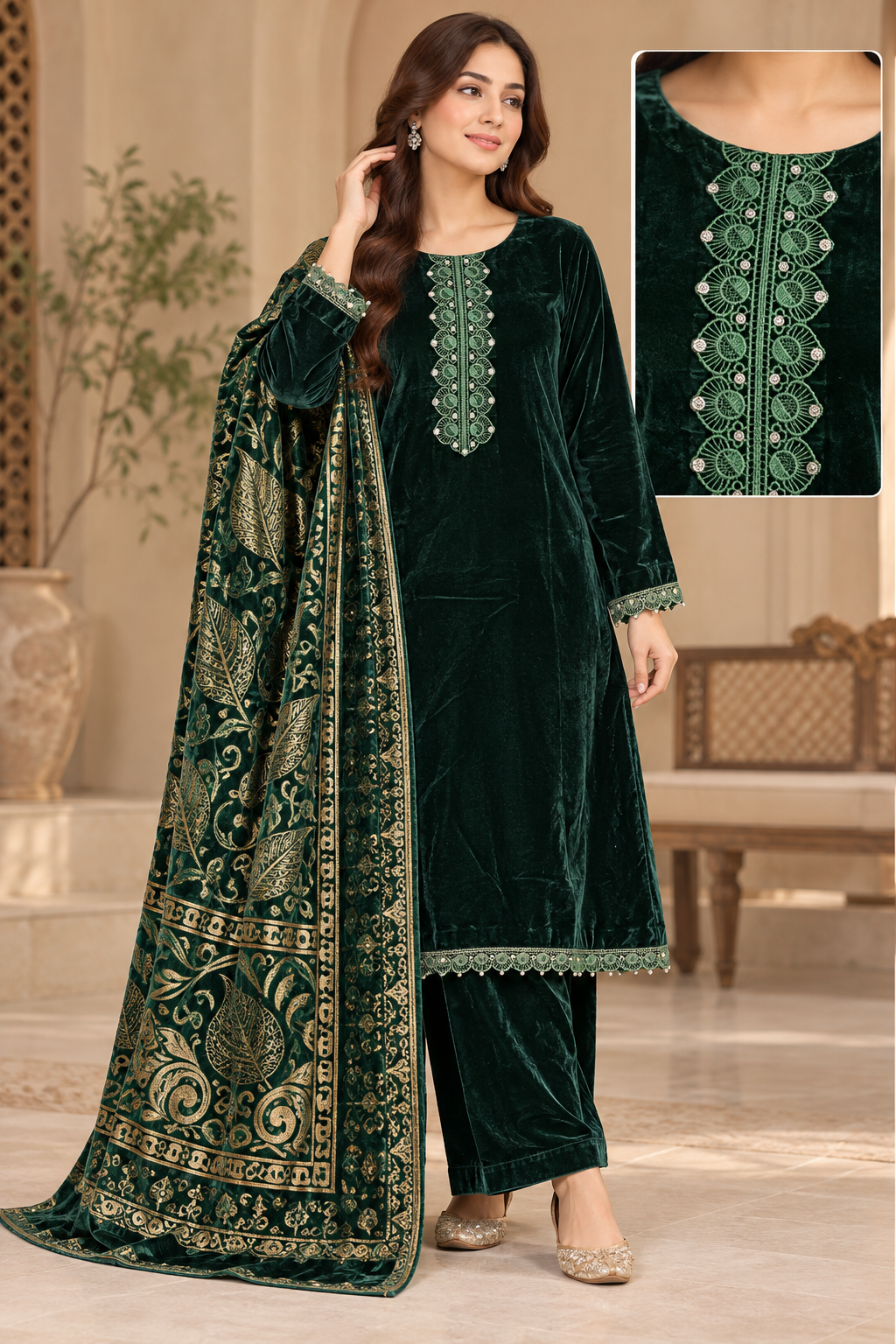 Brit 3 piece velvet with palachi shawl_5004 ladies suit B393