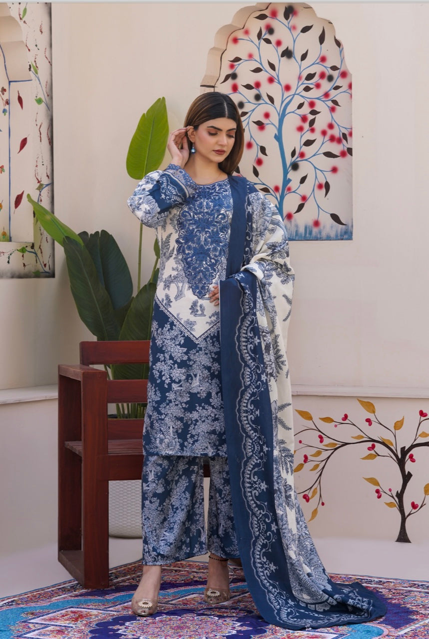 M Print 3 piece slub Pakistani ladies suit B397