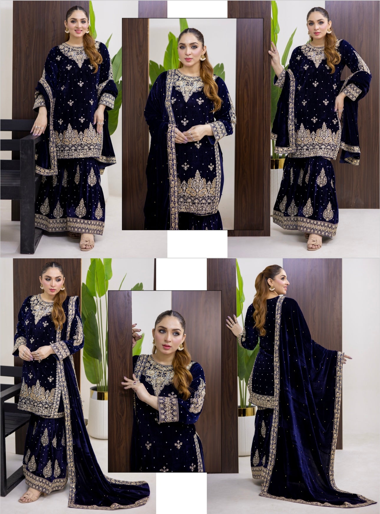 Brit 3 piece luxury Valvet_81042 Pakistani ladies suit navy B294