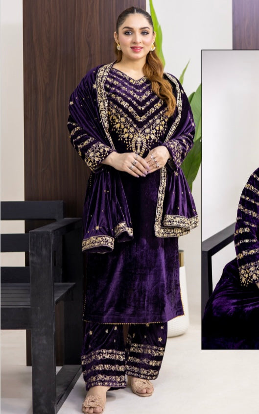 Brit 3 piece luxury Valvet_81042 Pakistani ladies suit purple WITH CHIFFON DUPPATA B291