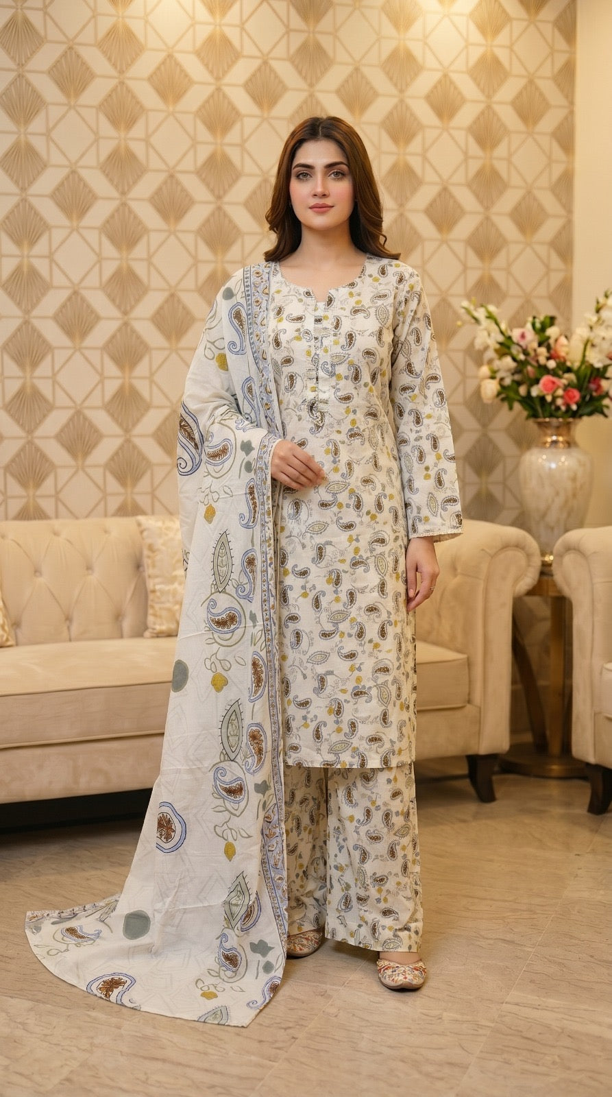 M Print inspired 3 piece Lawn summer collection ladies dress B621