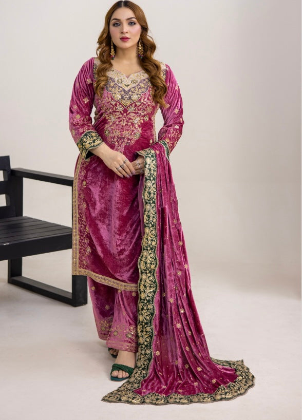 Brit 3 piece luxury Valvet_81042 Pakistani ladies suit pink B293