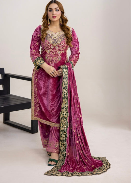 Brit 3 piece luxury Valvet_81042 Pakistani ladies suit pink B293