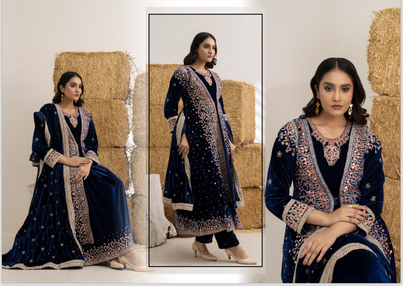 Brit 3 piece luxury Designer Valvet winter Pakistani ladies suit B323