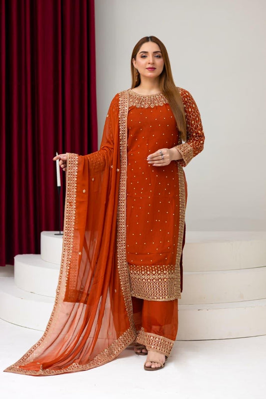 Brit 3 piece chiffon _81042 Pakistani ladies suit orange B233