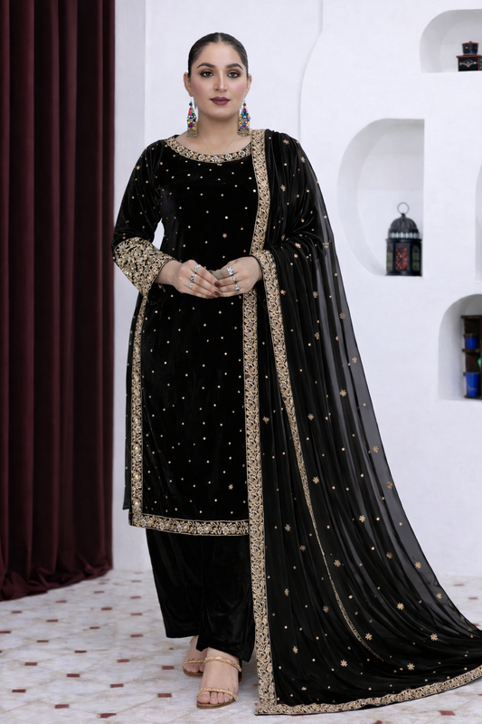 Brit 3 piece luxury Valvet_81042 Pakistani ladies suit Black  With CHIFFON DUPPATA B289