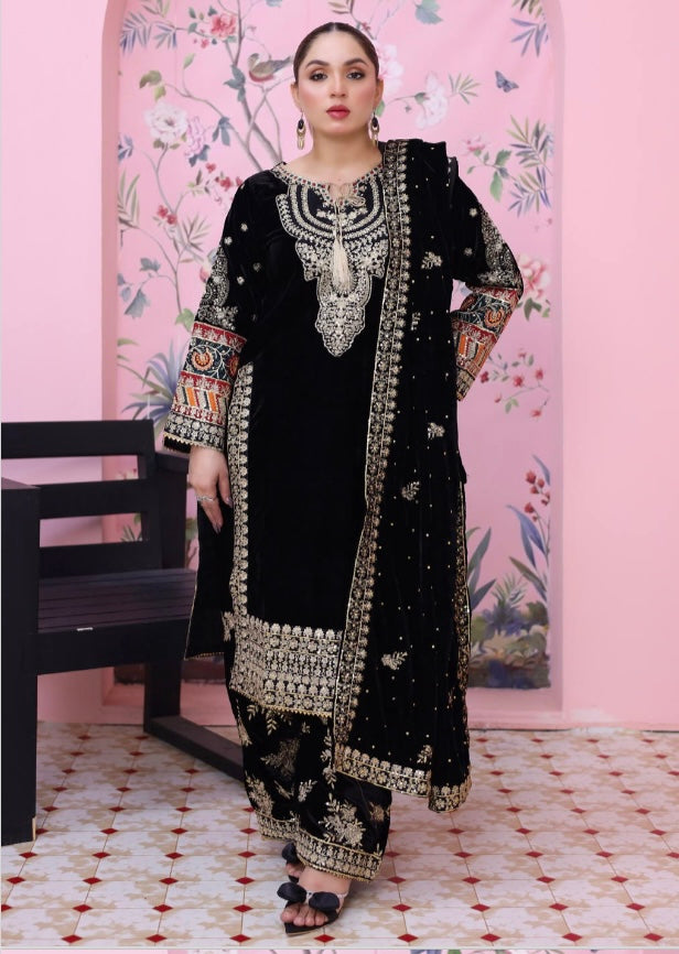 Brit 3 piece luxury Valvet_81042 Pakistani ladies suit black B292