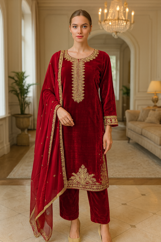 Brit 3 piece velvet_6018 Pakistani ladies suit  wine B14