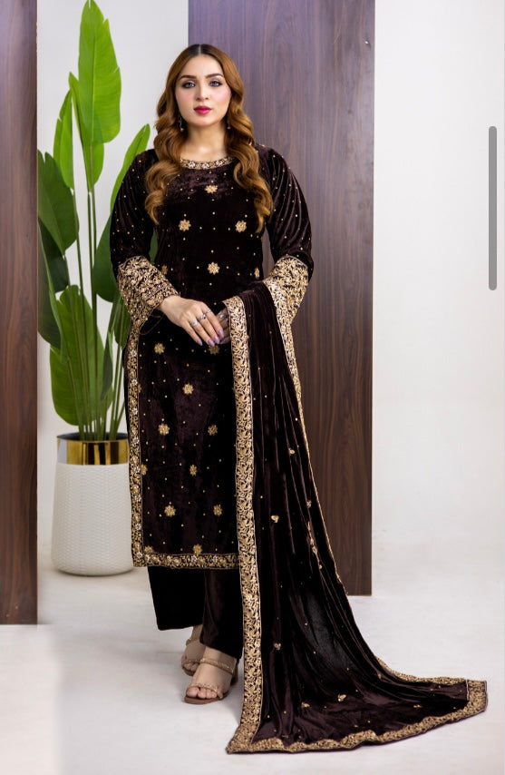 Brit 3 piece luxury Valvet_81042 Pakistani ladies suit Brown B289