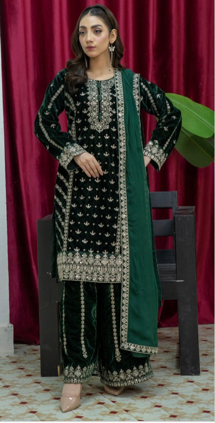 Brit 3 piece luxury Designer Valvet winter Pakistani ladies suit_B311