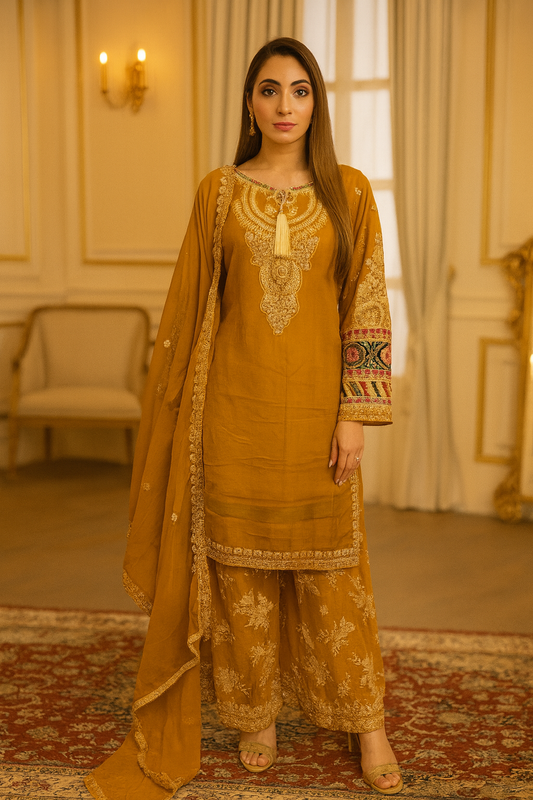 Brit 3 piece luxury chiffon_81042 Pakistani ladies suit Musturd B189